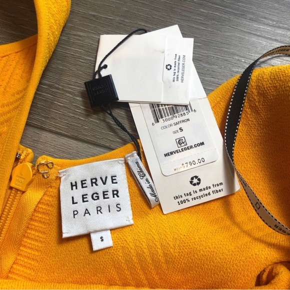 Herve Leger Ottoman Knit Saffron Scoopneck Mini Dress Small NWT - Picture 8 of 12